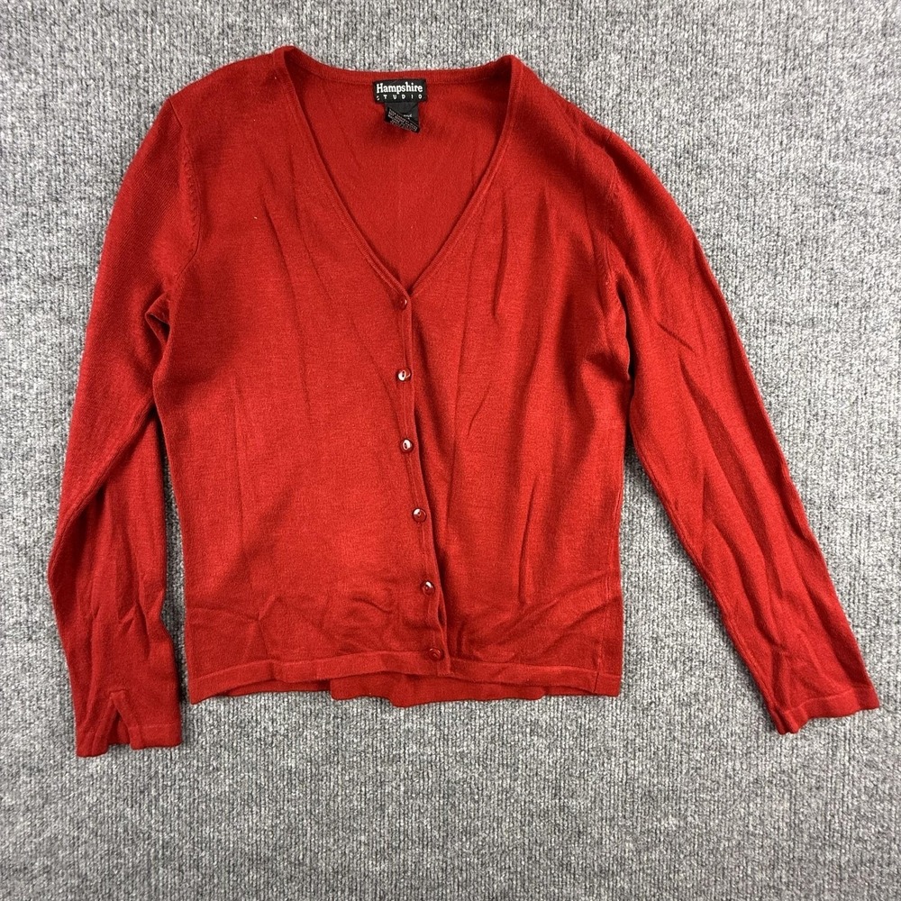 Hampshire Studio Cardigan Sweater Womens Petite PP Red V Neck Knit Button Front